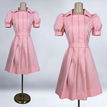 VINTAGE 60s Pleated Puff Sleeve Mini Dress in Peachy Pink | 1960s Coquette Scooter Dress | VFG 