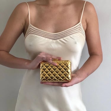 90s gold hard shell pillow top purse clutch / vintage gold metal minaudière quilted gemstone purse / gold chain shoulder purse clutch 