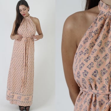 70s India Dashiki Maxi Dress / Open Back Ethnic Batik Block Print / Apricot Cotton Pakistan Floor Length Sundress 