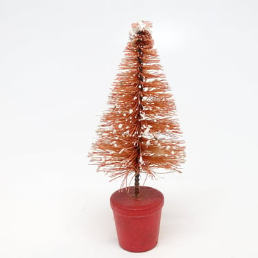 Vintage Small 1950's 3 1/2 Inch Red Sisal Bottle Brush Christmas Tree with Snow Flocking, Antique Decor 