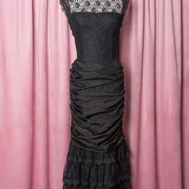 80s Gunne Sax by Jessica McClintock Black Lace and Ruched Taffeta Tiered Full Length Formal Dress 