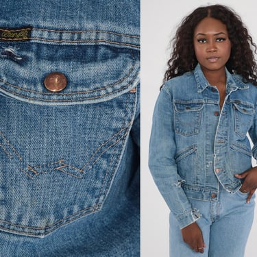 Wrangler Denim Jacket 80s Ripped Jean Jacket Distressed Coat Biker 1980s Blue Trucker Jacket Vintage Retro Boyfriend Worn In Small 