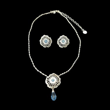Early 2000s Silver Tone and Blue Rhinestone Necklace and Pierced Earrings by Givenchy | Y2k Millennial Vintage Floral Crystal Jewelry Set 