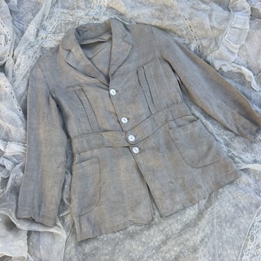 Antique 1920s Ecru Linen Sportswear Jacket Belted Mother Of Pearl Dress Coat