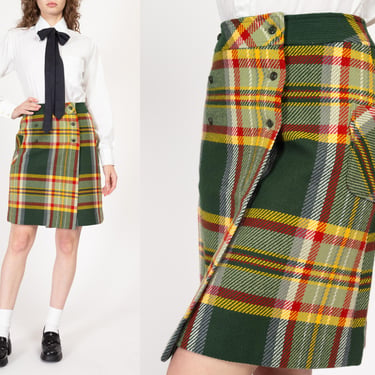 Small 60s Green Plaid Mod Mini Skirt 27" | Vintage High Waisted Tartan Wrap Skirt 