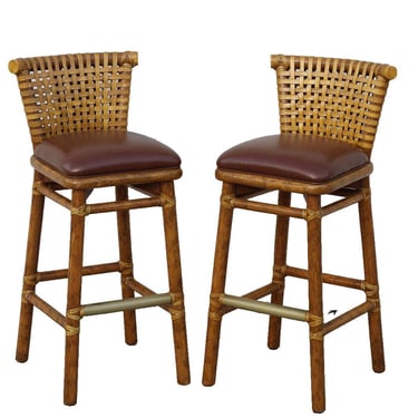 Pair Of Authentic Marked McGuire Rawhide Back Rattan Bar Stool Organic Modern 