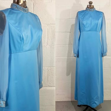 Vintage Mod Maxi Dress Blue Hostess Gown Prom Wedding Holiday Cocktail Party Twiggy Megan Draper Sheer Long Sleeves Beaded 1960s 60s Small 