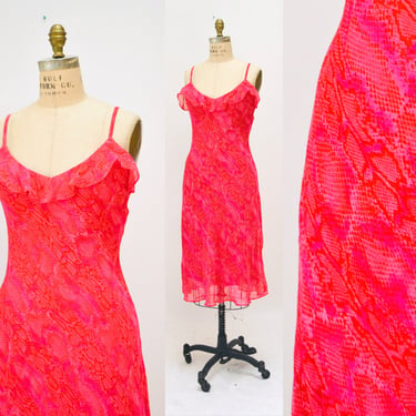 Vintage Betsy Jonhson Dress 00s Y2K Bias Cut Pink Red Dress Snake Print Chiffon Slip Dress Medium Large// 90s Pink Snake Print Tank Dress 