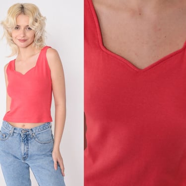 Red Tank Top 90s Plain Bodycon Crop Top Retro Sweetheart V Neck Sleeveless Cropped Shirt Tight Fitted Cotton Spandex Vintage 1990s Small S 