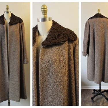 Vintage 1940s 50s FORSTMANN Mocha Brown Wool Persian Lamb Fur Collar Clutch Swing Coat Pinup Girl WWII  // Modern One Size 