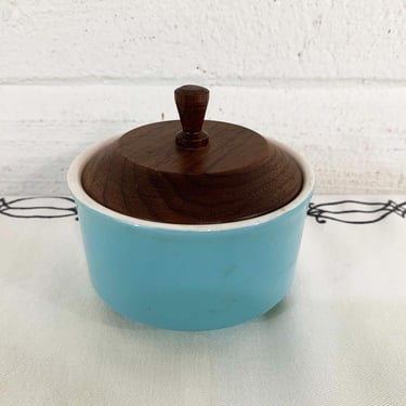 Vintage Sugar Bowl Mid Century Atomic Aqua Blue China MCM Mad Men Coffee Tea Blue Lidded Dish Wood Cover Taylor Smith & Taylor Cathay 1950s 