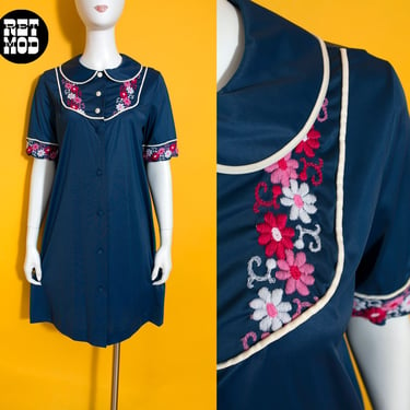 Adorable Vintage 60s 70s Navy Blue Nightgown with Peter Pan Collar and Pink White Flower Embroidery 
