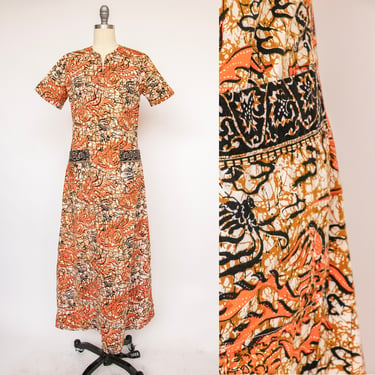 1970s Maxi Dress Batik Printed Cotton M 