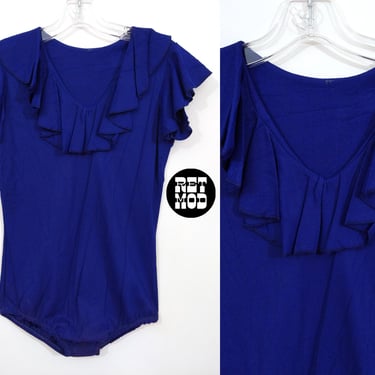 Vintage 70s Dark Navy Blue Ruffle Collar Bodysuit 