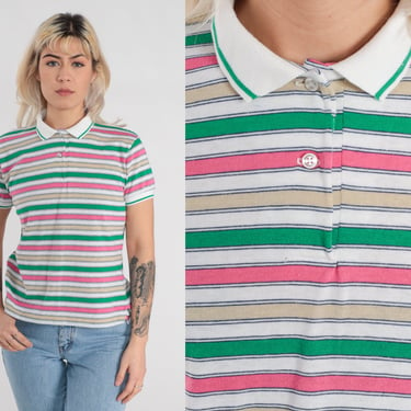Striped Polo Shirt 80s White Collared T-Shirt Retro Short Sleeve Button Neck Top Ringer Tee Green Pink Beige Stripes 1980s Vintage Small S 