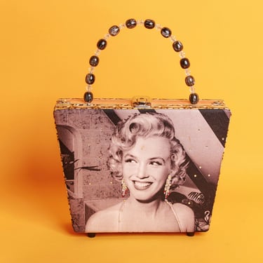 90s Y2K Marylin Monroe Rhinestone Cigar Box Purse Vintage Box Beaded Picnic Handle Bag 