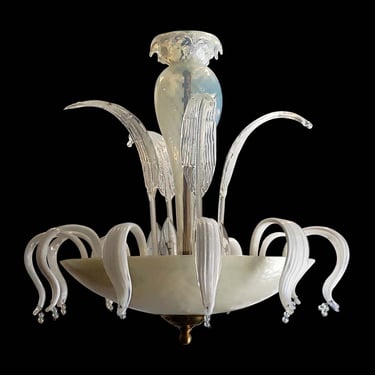Vintage White Clear Murano Glass Opaline Bowl Chandelier