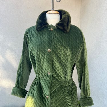Vintage 80s KAOS by Andy Johns dark green velvet quilted jacket faux fur collar Sz S 