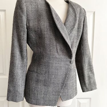 PEGGY JENNINGS Wool Blazer Jacket Herringbone Black White Tweed Vintage Designer 1980's, 1990's, Shoulder Pads 