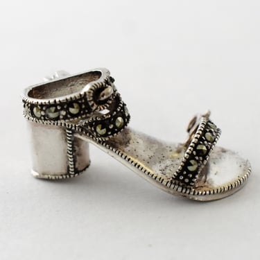 80's sterling marcasite chunky heel sandal bling brooch, 925 silver pyrite disco diva shoe pin 