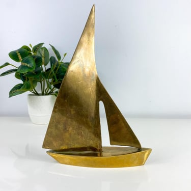 Vintage Brass Sailboat Nautical Decor, Brass Ship Decor, Desk Decor, Sailboat Figurine, Sailboat Shelf Decor, Paper Weight, Shelf Decor 