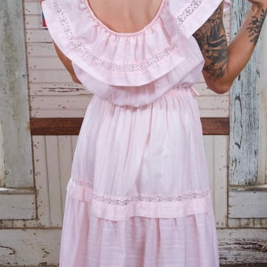 70s Pink Mexican Dress Off The Shoulder Lace Semi Sheer Mexican Sun Dress Boho Hippie Ethnic Folk Peasant Dress Size Large 