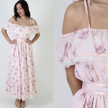 70s Pink Calico Summer Dress / Off The Shoulder Tie Straps / Tiny Floral Lace Prairie Lawn Dress / Full Skirt Zip Up Sun Maxi Dress 