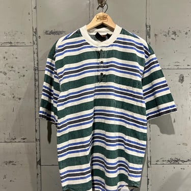 M 90s Striped henley Tshirt multicolor 1990s lightweight Faded glory brand blue and green 