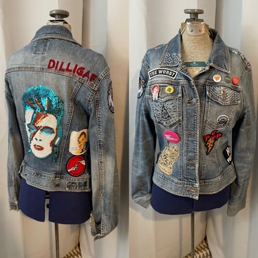 Punk Rock Jean Jacket DIY Bowie sequins patches pins Sashiko embroidery M 
