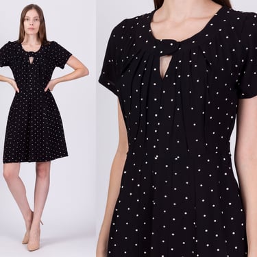 1940s Black Polka Dot Mini Dress - Medium | Vintage 40s Short Sleeve Keyhole Day Dress 