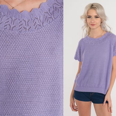 Purple Sweater Top 80s Pointelle Knit Shirt Cutout Short Sleeve Blouse Scalloped Spring Boho Open Weave Cut Out Acrylic Vintage 1980s Medium 