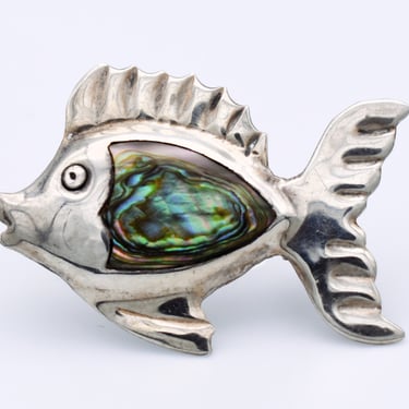 40's Taxco sterling abalone cartoon fish brooch, whimsical Mexico IRD paua shell 925 silver fish pin 