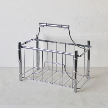 Chrome Finish Faux Bamboo Magazine Book Rack Caddy Vintage Hollywood Regency Mid-Century 