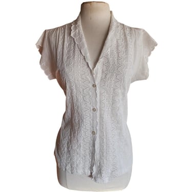 Vintage 70s Eyelet Blouse White Cotton Blend Short Sleeved / L 