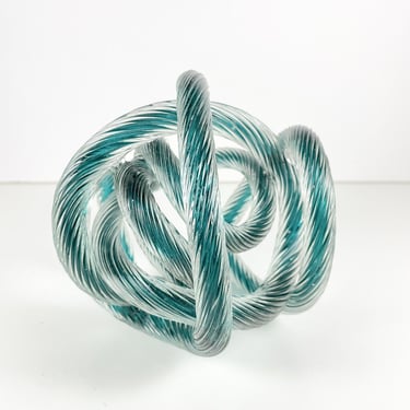 Mid Century Vintage Turquoise Teal Glass Twisted Rope Knot Paperweight Art Italy