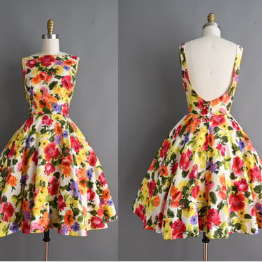 vintage 1950s Dress | Vintage Cotton Silk Floral Print Sweeping Full Skirt Party Dress | Small 