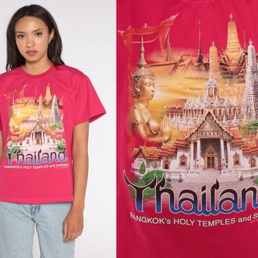 Bangkok Thailand Tshirt 00s Holy Temples and Shrines Graphic T shirt Hot Pink Tee Travel Shirt Vintage Retro Tourist Medium 