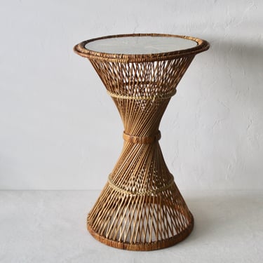 Vintage Tall Natural Wicker Bamboo Rattan Glass Pedestal Side Table Plant Stand Mid Century 