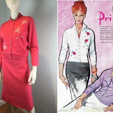 Comfortably Amused - Vintage 1950s 1960s Pringle's Amaranth Pink Cashmere Sweater Skirt Set - M/L 