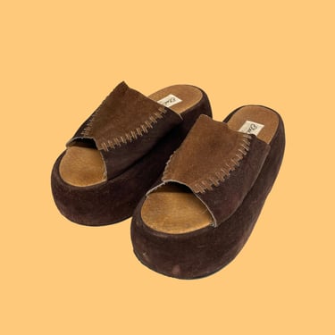 Vintage Platform Sandals Retro 1970s Else Anita + Los Angeles + Chunky + Brown + Suede + Patchwork + Size 9 + Womens Footwear 