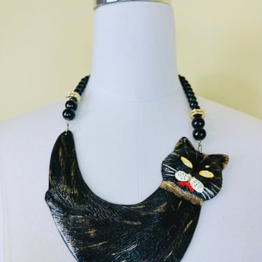 1990s Novelty Black Cat Rhinestone Eyes Statement Bib Halloween Necklace Beaded 