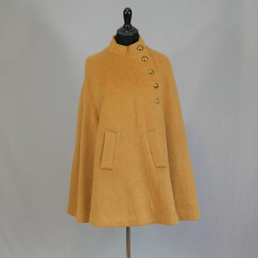 60s Light Brown Wool Cape - Cool Paisley Lining - Asymmetrical Gold Tone Buttons - Vintage 1960s - S 