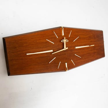 Mid Century Modern Clock Walnut Wall Wood Brass Gold Danish Vintage Working Mcm