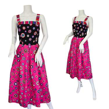 Sherri Lane 1980's Black Pink Polka Dot Cotton Sleeveless Dress I Sz Lrg I Color Blocked 