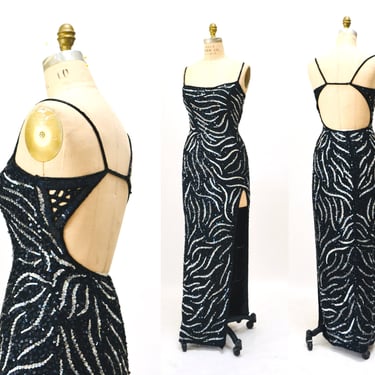 90s 2000s Vintage Black Silver Beaded Sequin Gown Dress Metallic Hologram Black Tiger Zebra Stripe 90s 2000s Pageant Prom Dress Sexy Gown 