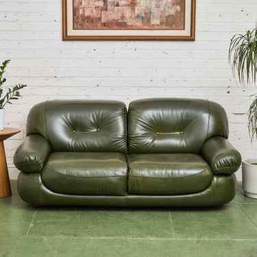 Vintage Loveseat in Olive Green Leather by Sapporo for Mobil Girgi Italia, 1970’s