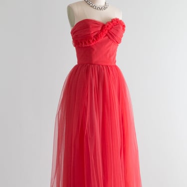 1950's Classic Ruby Red Strapless Prom Dress by Lorie Deb / Waist 24