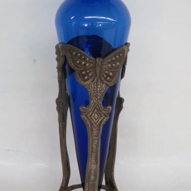Cobalt Blue Glass Butterfly Metal Holder Cone Shaped Tall Vase 3148B
