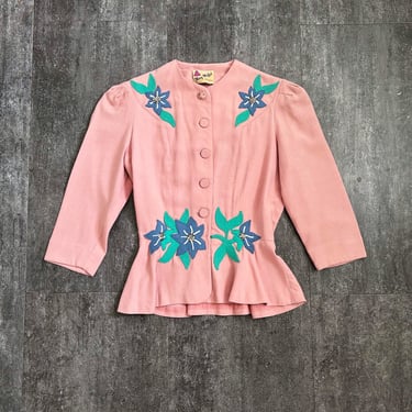 1940s appliqué top . vintage 40s pink jacket . size xs to s 