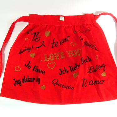 Vintage Apron 1950s I love you languages Deadstock Rhodes of Seattle Red Print 